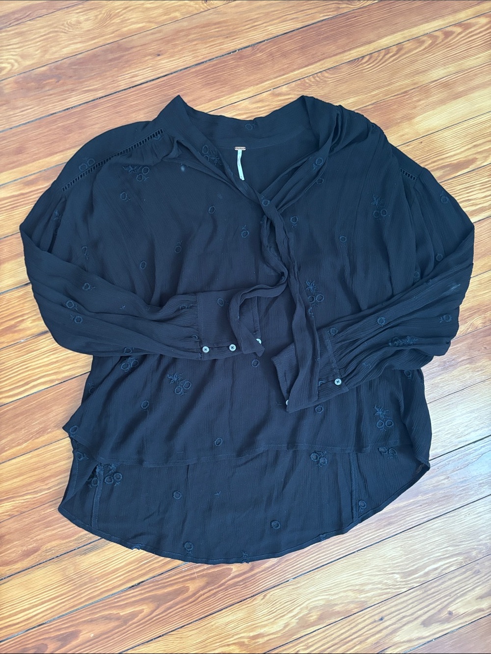 Free People Black Tie-Neck Embroidered Blouse